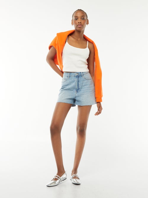 Bermuda en jean 5 poches avec strass - Kiabi