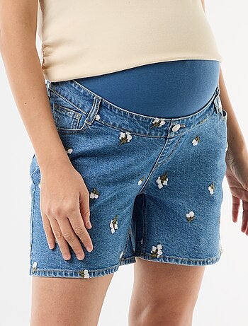 Bermuda en jean taille haute de maternité avec broderies
