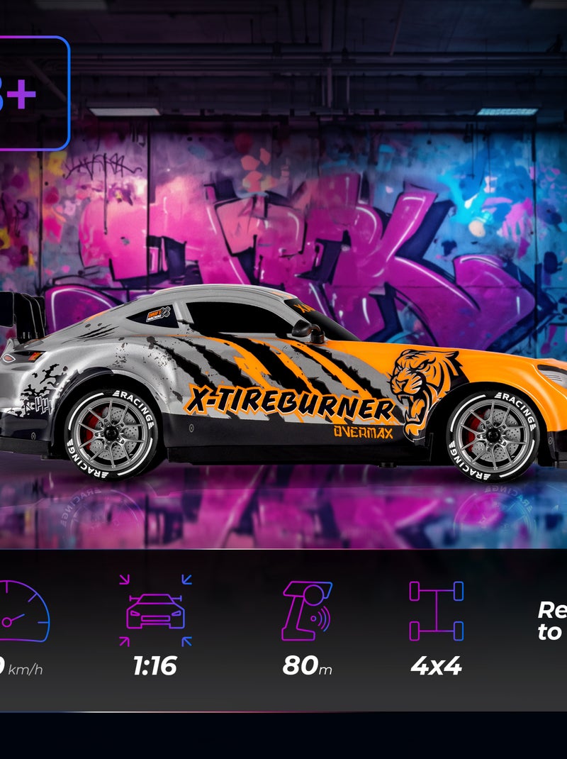 Bestuurbare auto OVERMAX X-Tireburner - 2x Carrosserie - LED-verlichting - 40 min autonomie Oranje - Kiabi
