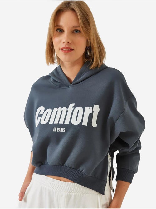 Bianco drie-garen geborstelde cropped sweatshirt met zijrits lucci - Kiabi