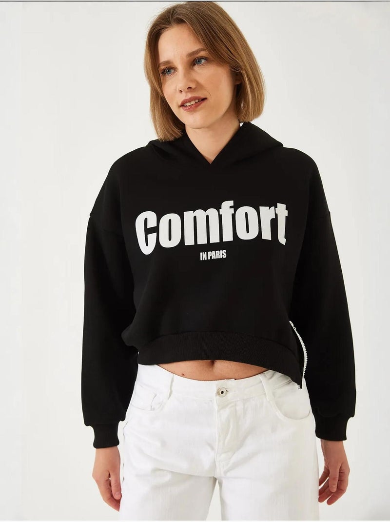 Bianco drie-garen geborstelde cropped sweatshirt met zijrits lucci Zwart - Kiabi