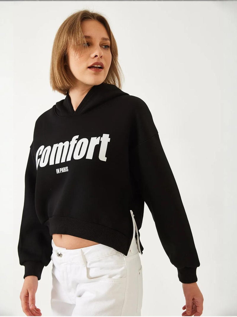 Bianco drie-garen geborstelde cropped sweatshirt met zijrits lucci Zwart - Kiabi