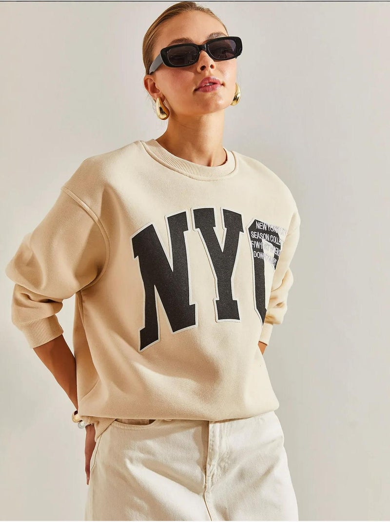 Bianco drielaags geborsteld bedrukt oversized sweatshirt lucci Klei-beige - Kiabi