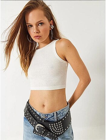 Bianco halternek geribbelde katoenen crop top lucci