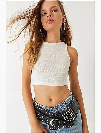 Bianco halternek geribbelde katoenen crop top lucci