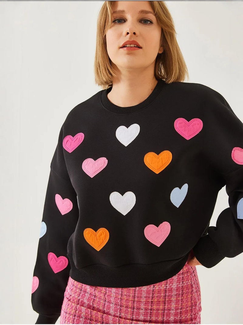 Bianco hart geborduurd drievoudig garen geborsteld sweatshirt lucci Zwart - Kiabi