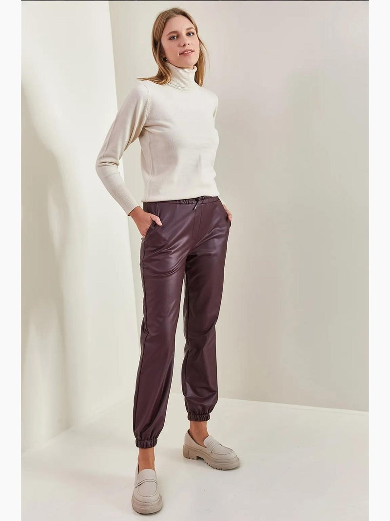 Bianco leren broek met elastische taille en manchetten lucci Bordeauxrood - Kiabi