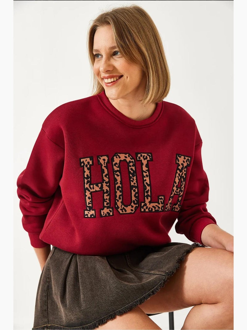 Bianco luipaard geborduurd drielaags geborsteld sweatshirt lucci Bordeauxrood - Kiabi