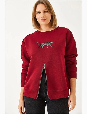 Bianco triple yarn geborstelde voorkant rits luipaardprint sweatshirt lucci