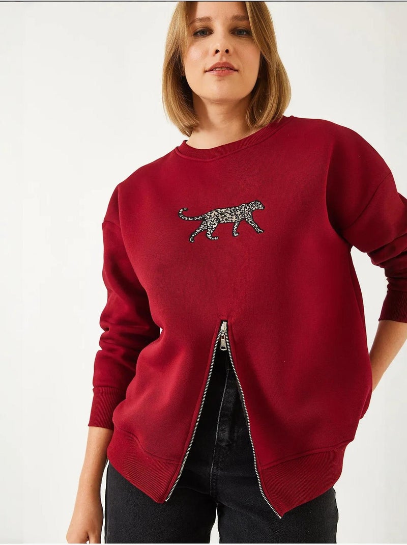 Bianco triple yarn geborstelde voorkant rits luipaardprint sweatshirt lucci Bordeauxrood - Kiabi