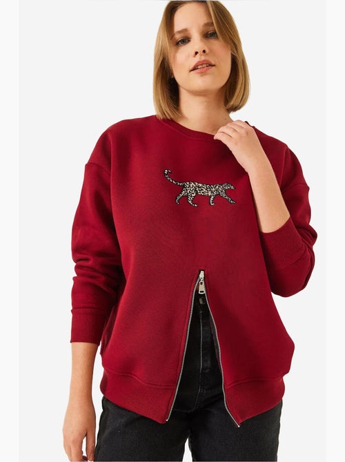 Bianco triple yarn geborstelde voorkant rits luipaardprint sweatshirt lucci - Kiabi