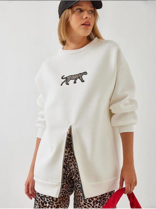 Bianco triple yarn geborstelde voorkant rits luipaardprint sweatshirt lucci - Kiabi