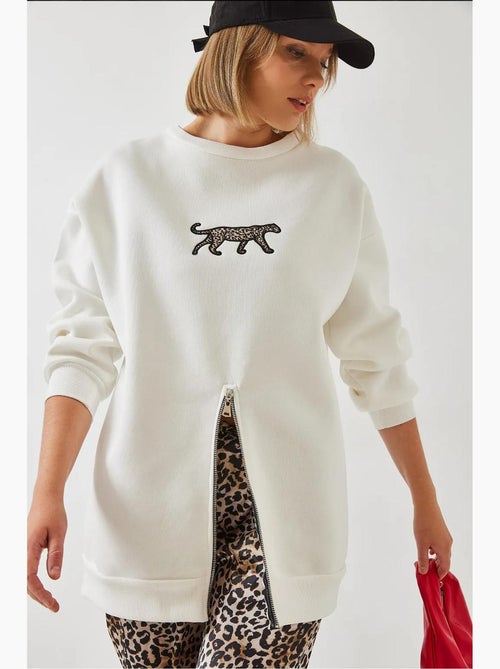 Bianco triple yarn geborstelde voorkant rits luipaardprint sweatshirt lucci - Kiabi