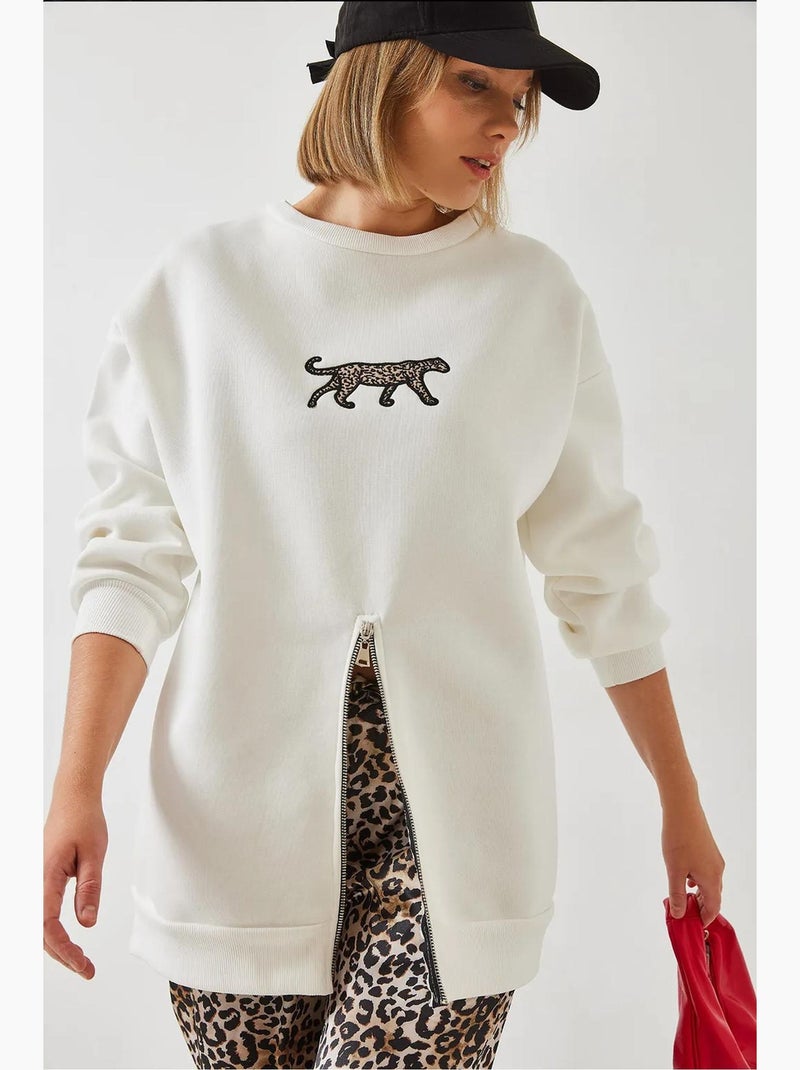 Bianco triple yarn geborstelde voorkant rits luipaardprint sweatshirt lucci Wit - Kiabi