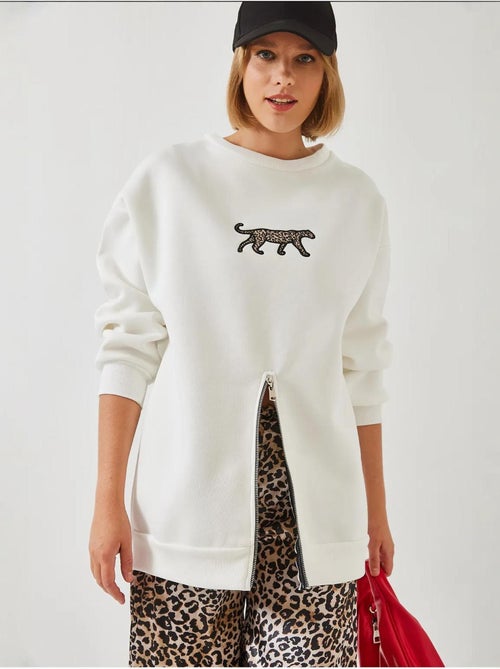 Bianco triple yarn geborstelde voorkant rits luipaardprint sweatshirt lucci - Kiabi