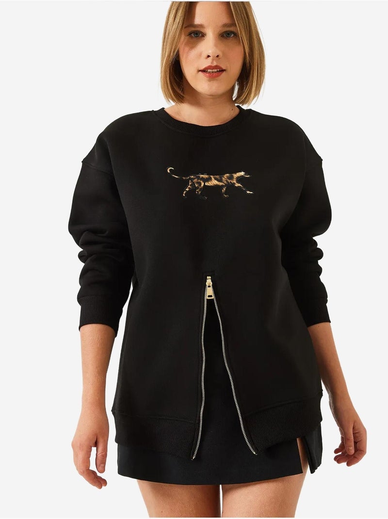 Bianco triple yarn geborstelde voorkant rits luipaardprint sweatshirt lucci Zwart - Kiabi