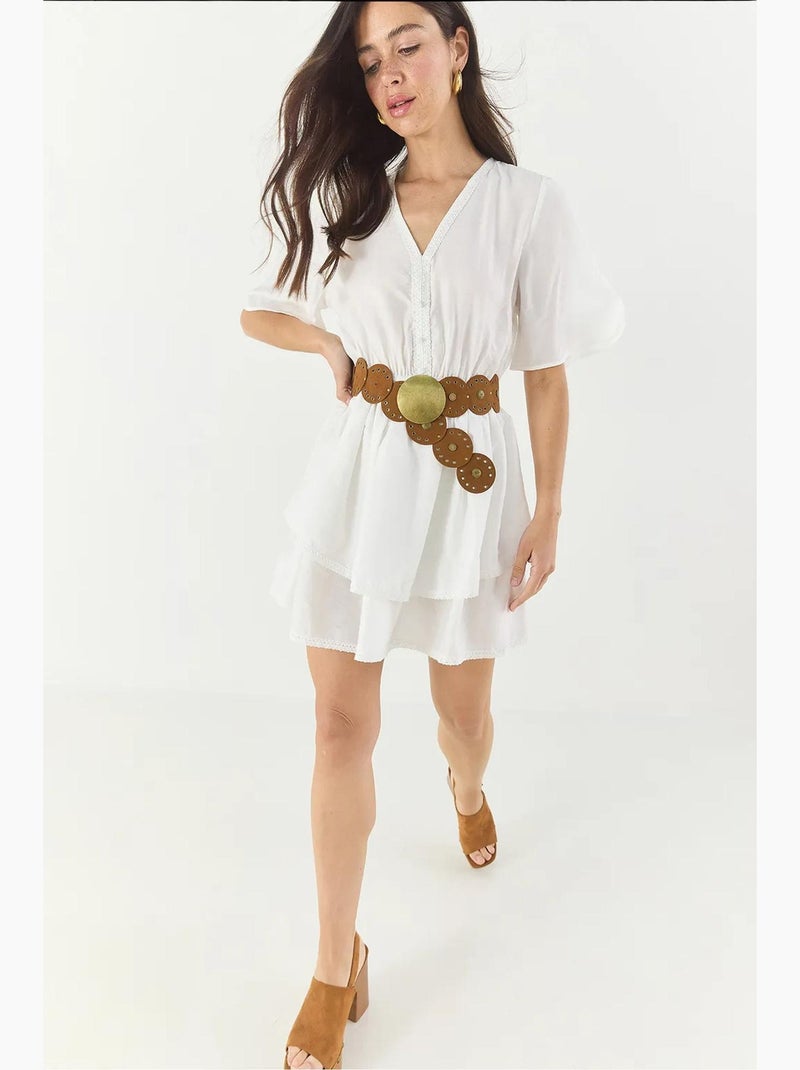 Bianco v-hals, kanten detail, elastische taille, gelaagde zoom, viscose zomerminijurk lucci Wit - Kiabi