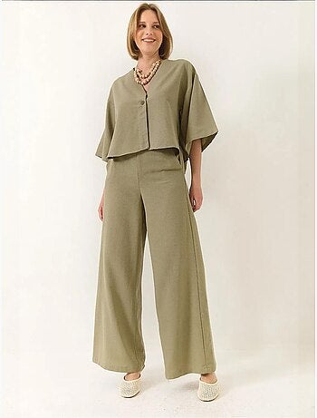 Bianco v-hals vleermuismouwen linnen kimono palazzo broekset lucci