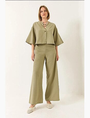 Bianco v-hals vleermuismouwen linnen kimono palazzo broekset lucci