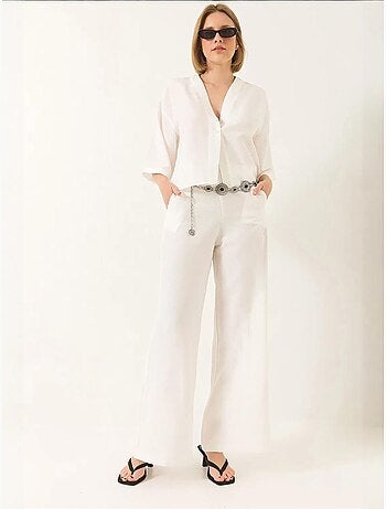 Bianco v-hals vleermuismouwen linnen kimono palazzo broekset lucci