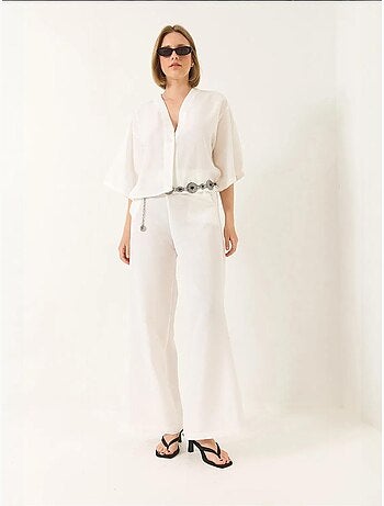 Bianco v-hals vleermuismouwen linnen kimono palazzo broekset lucci