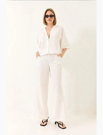 Bianco v-hals vleermuismouwen linnen kimono palazzo broekset lucci