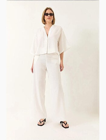 Bianco v-hals vleermuismouwen linnen kimono palazzo broekset lucci