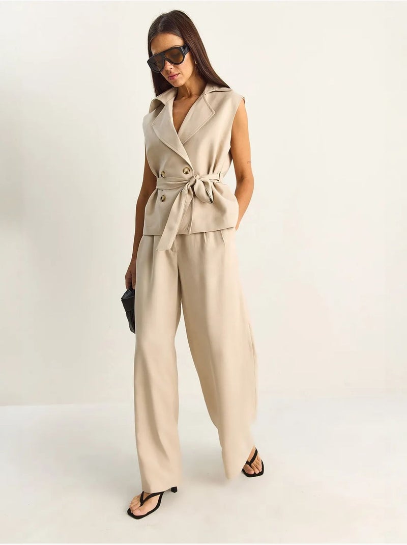 Bijpassende set met hoge taille, wijde pijpen en sjaalkraag lucci Klei-beige - Kiabi