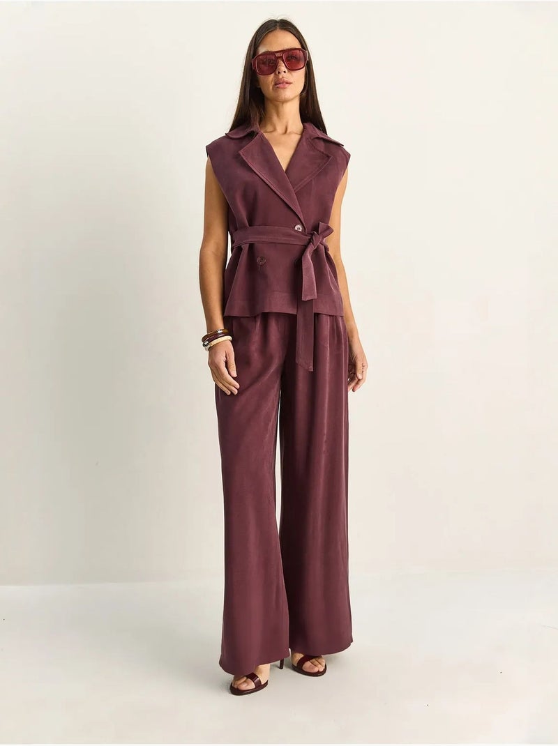 Bijpassende set met hoge taille, wijde pijpen en sjaalkraag lucci Mauve - Kiabi