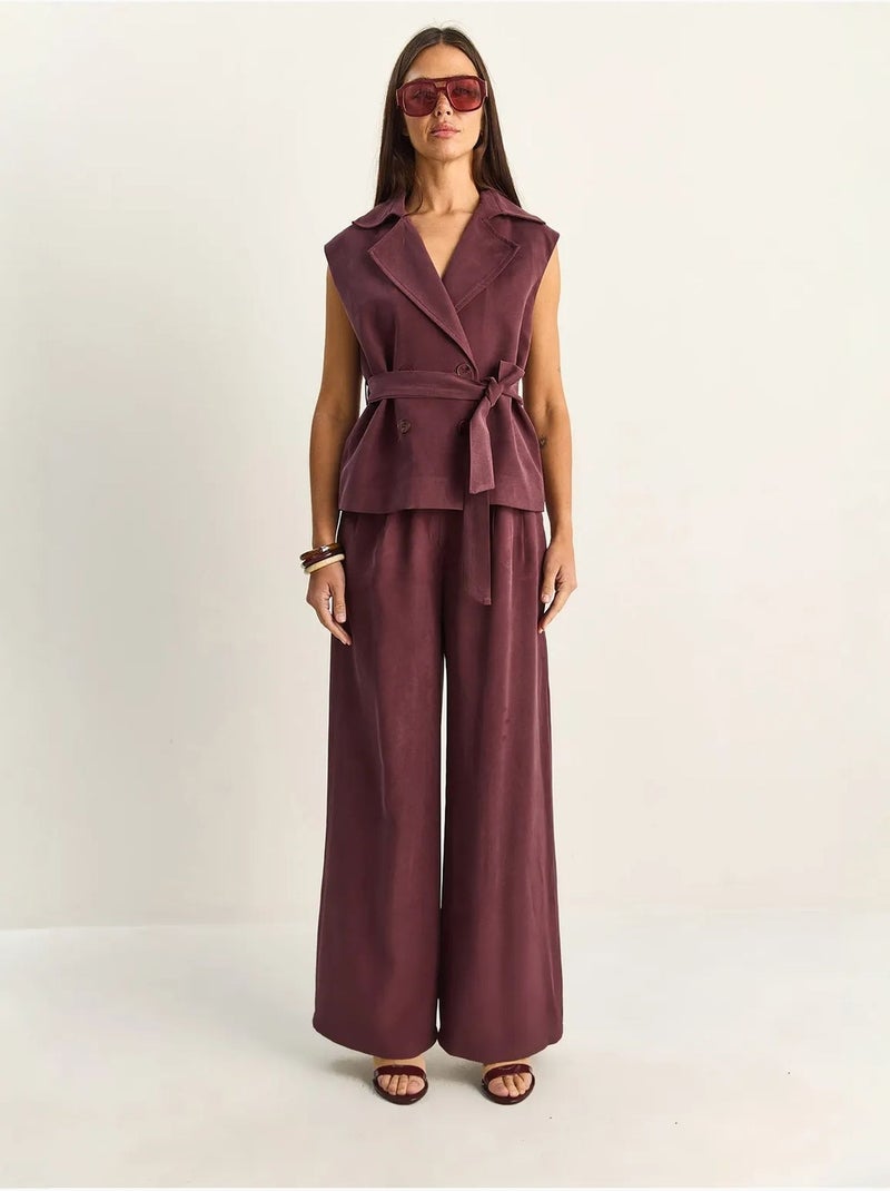 Bijpassende set met hoge taille, wijde pijpen en sjaalkraag lucci Mauve - Kiabi