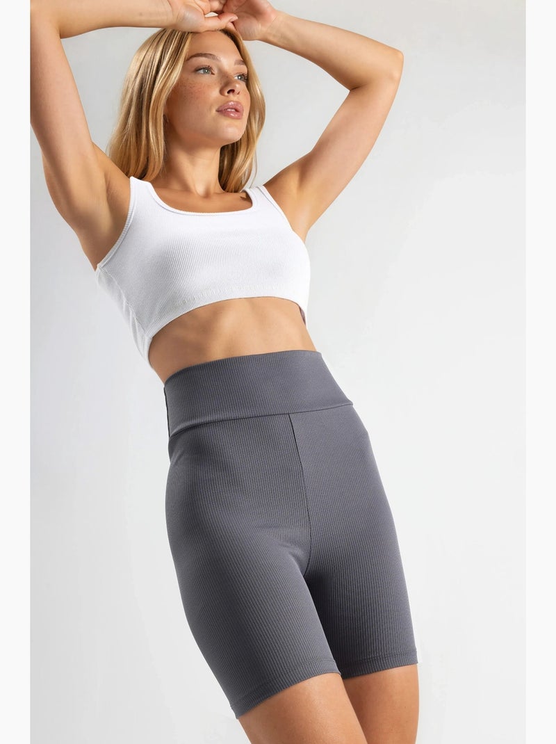 Biker shorts met hoge taille en rib hiccup Grijs - Kiabi