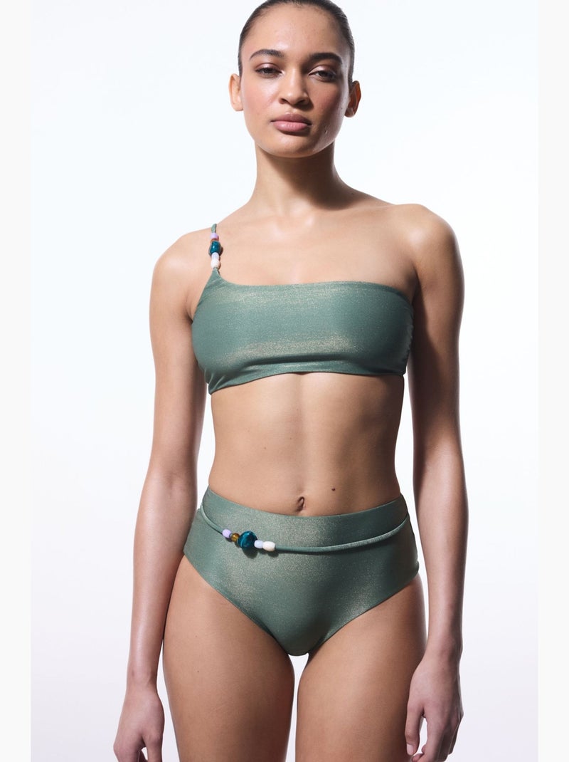 Bikinibroekje met hoge taille en kralen penti Kaki - Kiabi