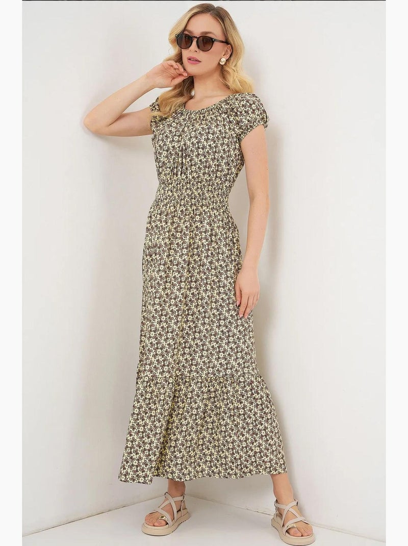 Bloemen a-lijn maxi-jurk met elastische details bdart Kakigroen - Kiabi