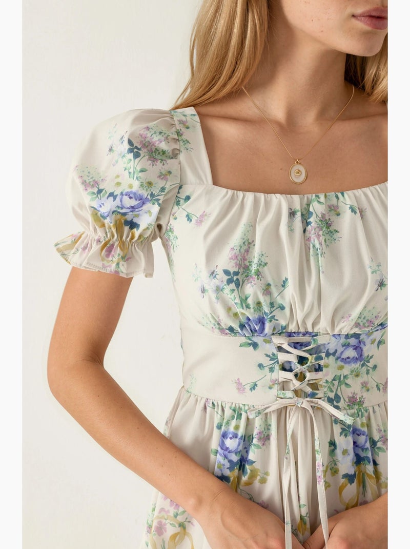Bloemen a-lijn mini-jurk met strikdetail busem Crème - Kiabi