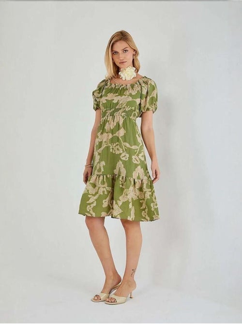 Bloemen midi-jurk met ruches, off-shoulder en strikdetail mixray - Kiabi Bloemen midi-jurk met ruches, off-shoulder en strikdetail mixray - Kiabi