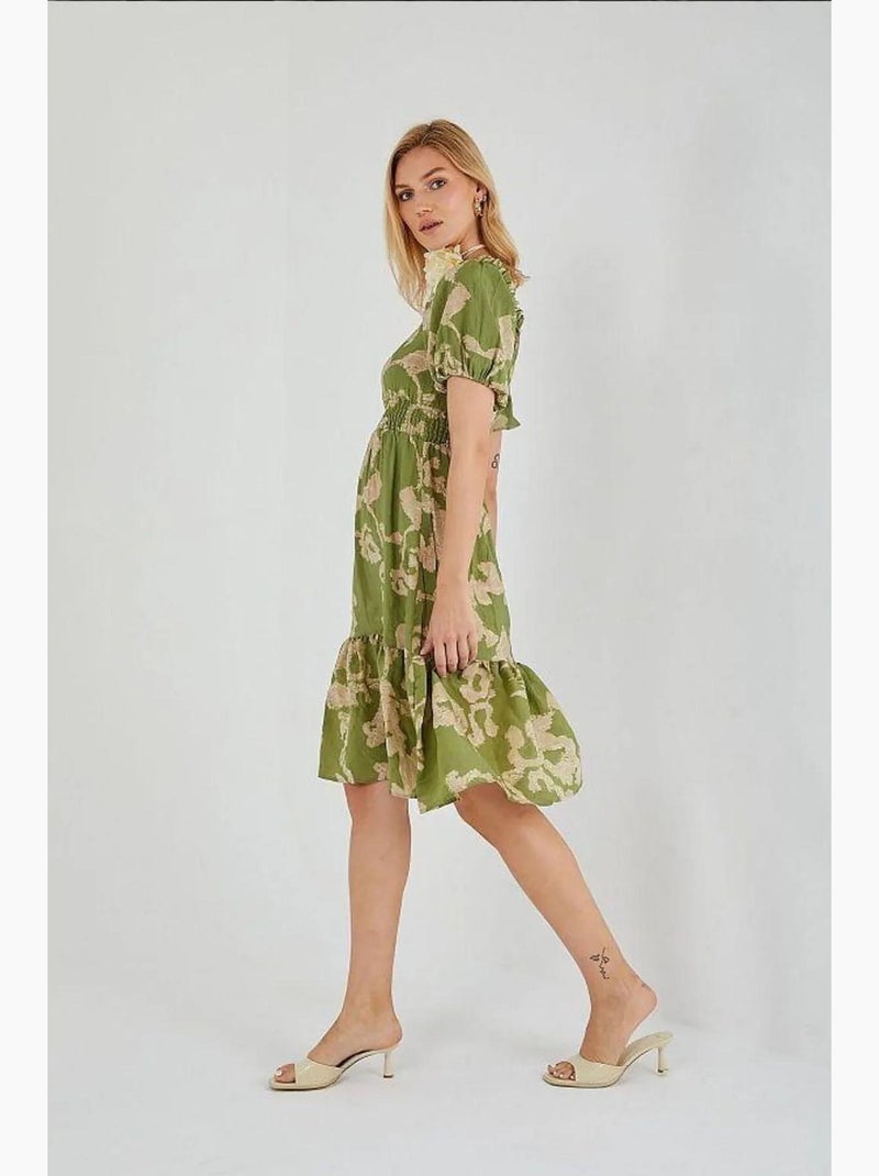 Bloemen midi-jurk met ruches, off-shoulder en strikdetail mixray Groen - Kiabi
