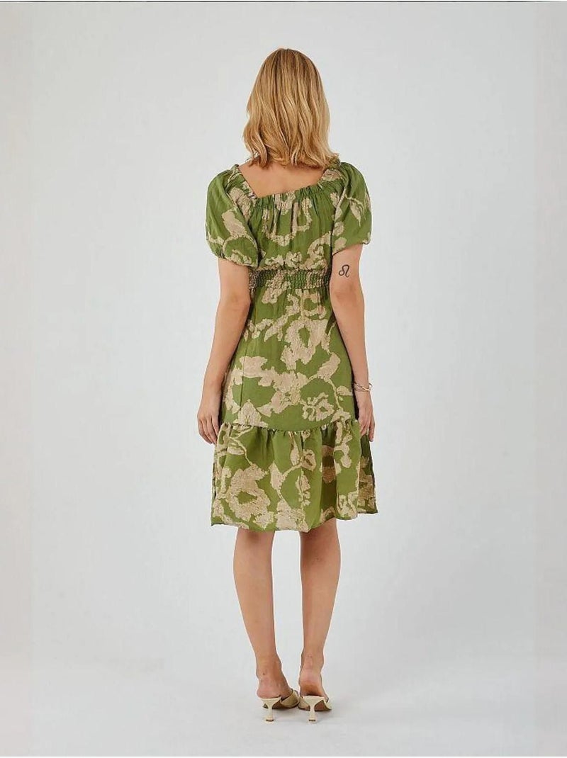 Bloemen midi-jurk met ruches, off-shoulder en strikdetail mixray Groen - Kiabi