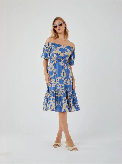 Bloemen midi-jurk met ruches, off-shoulder en strikdetail mixray - Kiabi Bloemen midi-jurk met ruches, off-shoulder en strikdetail mixray - Kiabi