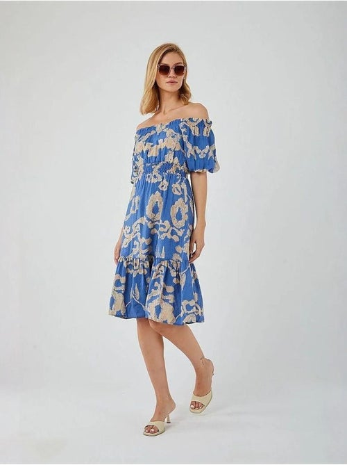 Bloemen midi-jurk met ruches, off-shoulder en strikdetail mixray - Kiabi Bloemen midi-jurk met ruches, off-shoulder en strikdetail mixray - Kiabi