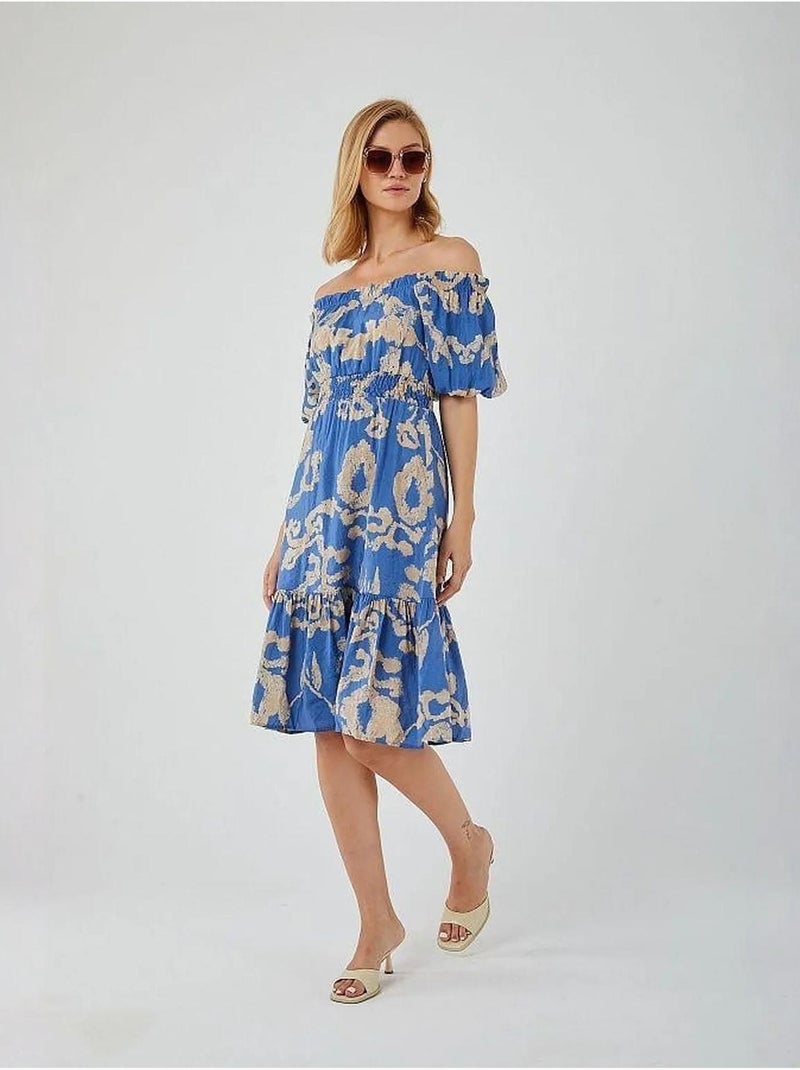 Bloemen midi-jurk met ruches, off-shoulder en strikdetail mixray Lichtblauw - Kiabi