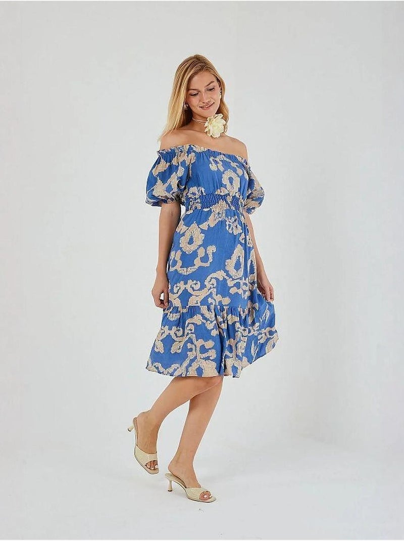 Bloemen midi-jurk met ruches, off-shoulder en strikdetail mixray Lichtblauw - Kiabi