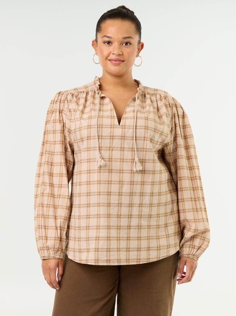Blouse à carreaux avec encolure nouée Beige - Kiabi