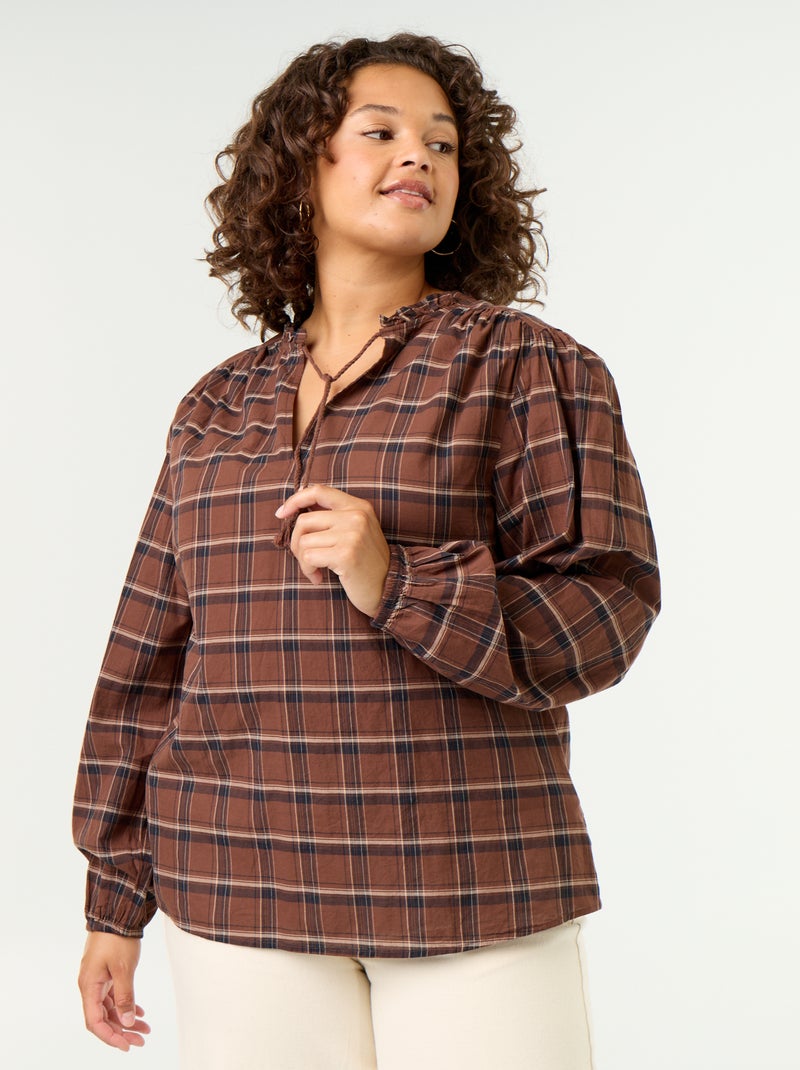 Blouse à carreaux avec encolure nouée Marron - Kiabi