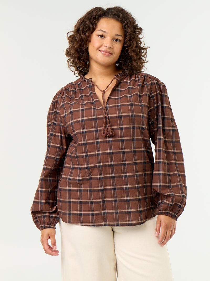 Blouse à carreaux avec encolure nouée Marron - Kiabi