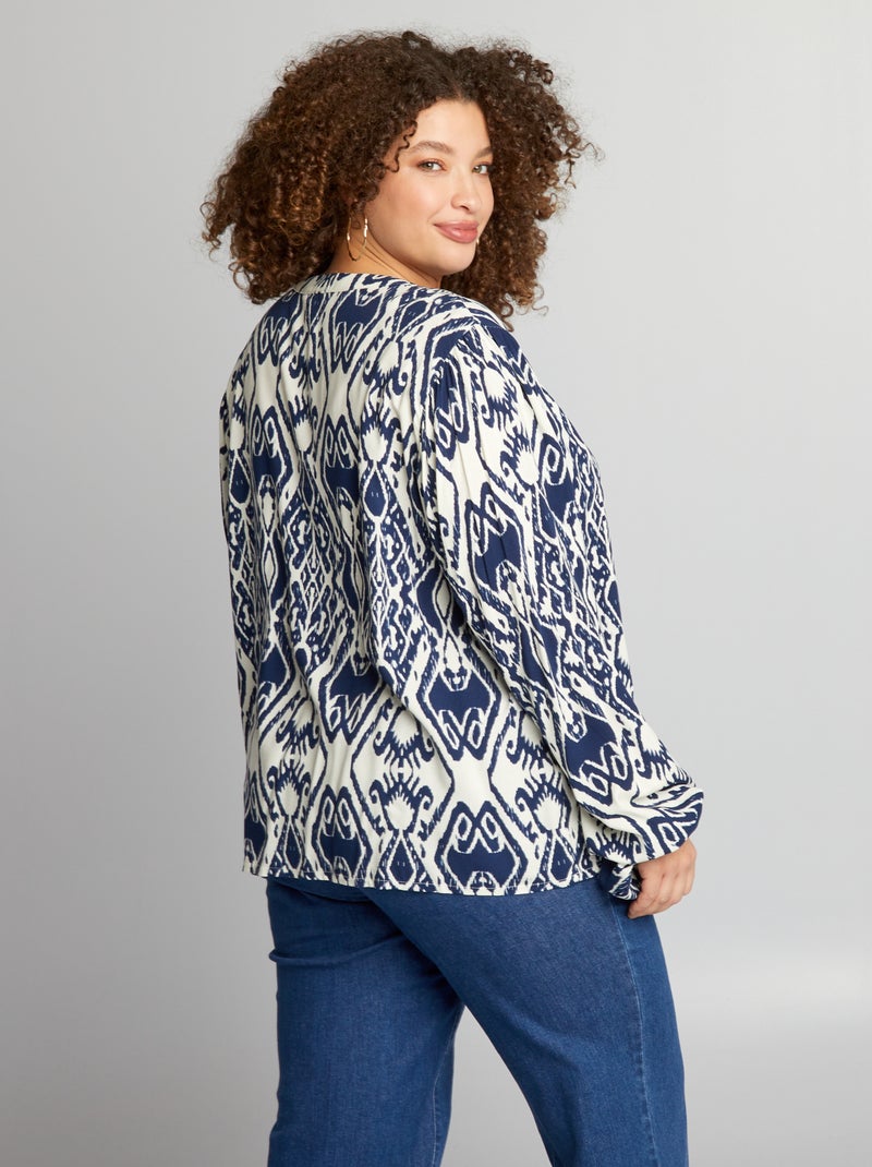 Blouse à Motifs Bleu MiM - Taille 36 - Col V Manches Trois-quarts Style Tunique