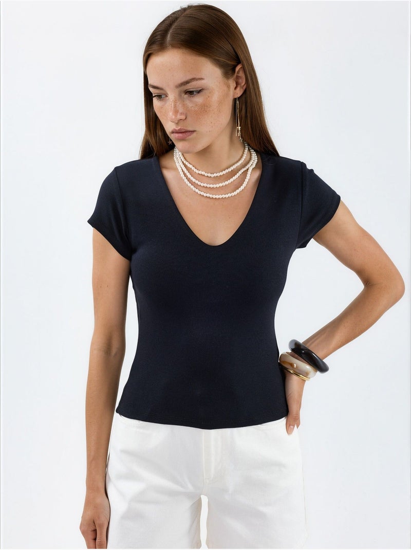 Blouse à col v en mélange modal et coton busem Noir - Kiabi