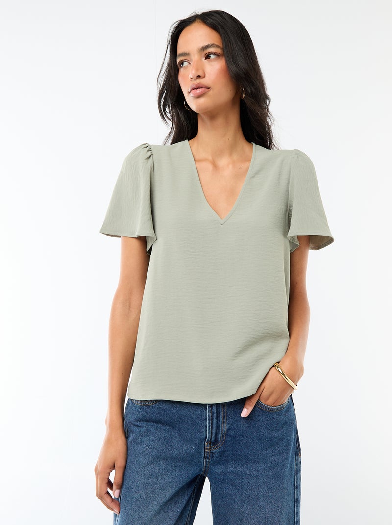 Blouse à manches courtes et col V Vert - Kiabi