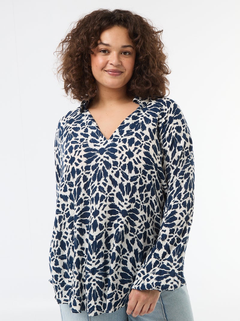 Blouse à manches longues col pointes libres Bleu - Kiabi