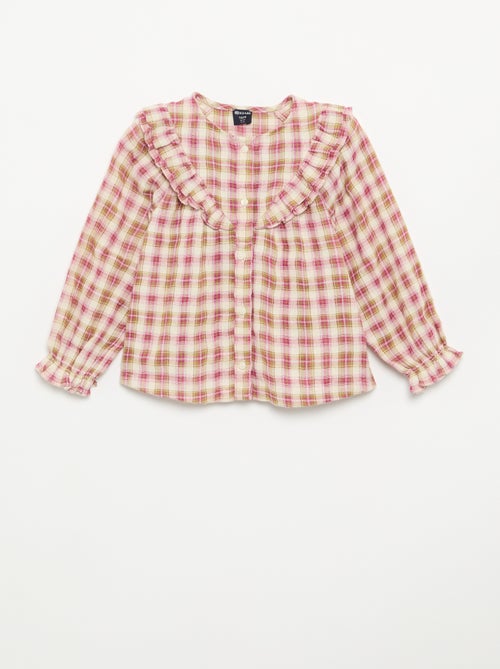 Blouse à manches longues en gaze de coton avec volants - Kiabi Blouse à manches longues en gaze de coton avec volants - Kiabi