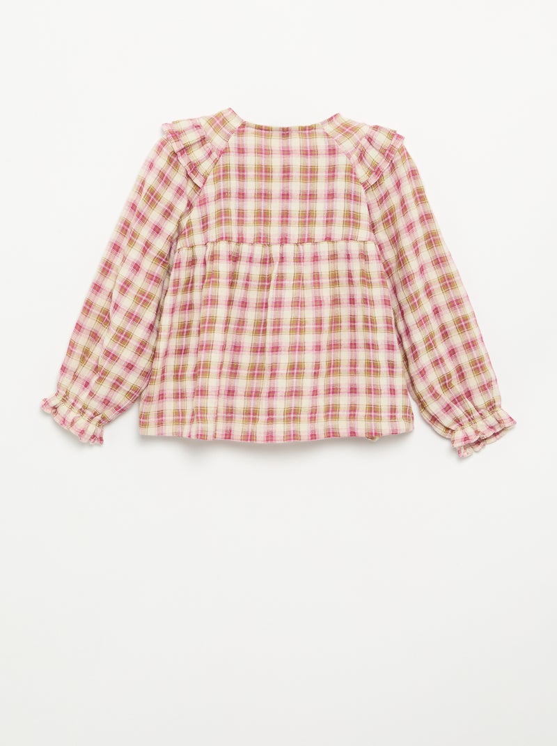 Blouse à manches longues en gaze de coton avec volants Rose - Kiabi